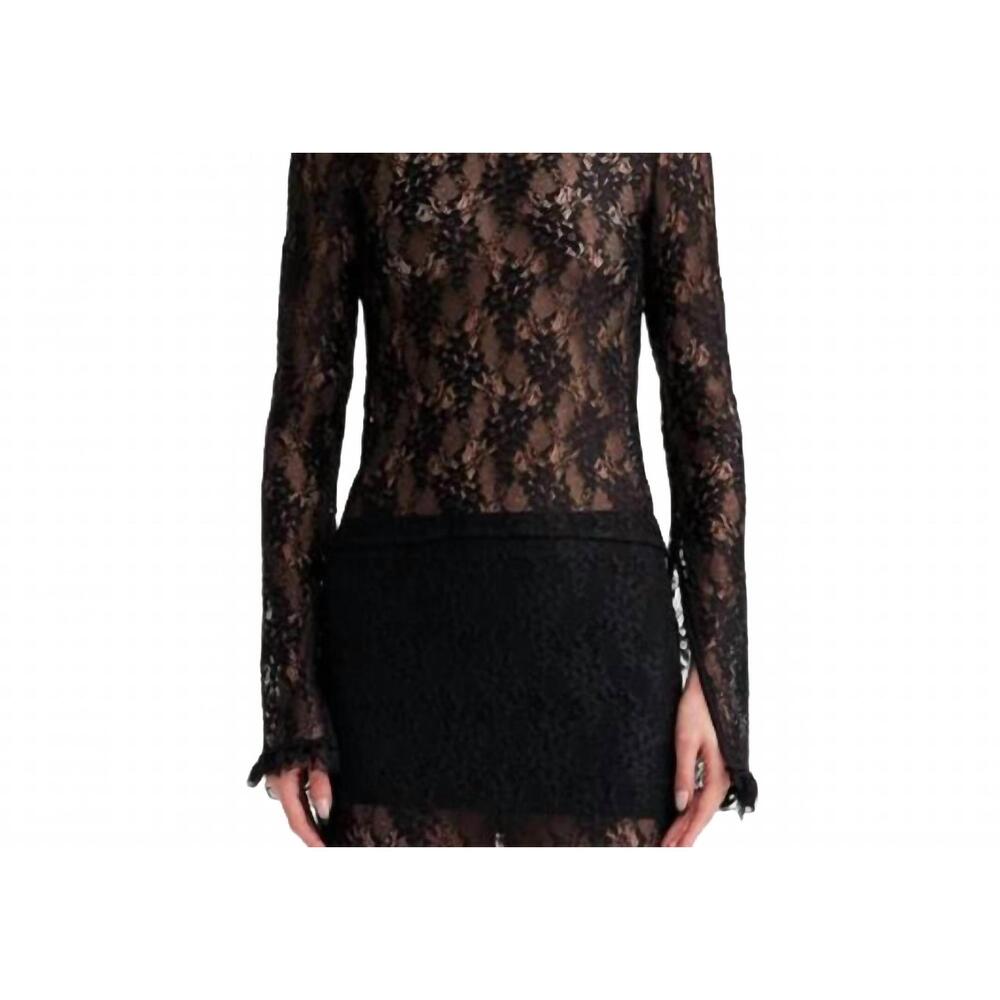 NEW THEO THE LABEL artemis long sleeve lace mock neck top in black